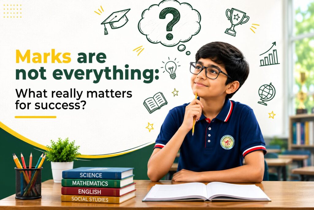Student with the question "Do Marks Really Matter?" and the answer "Success Is More Than Just Grades.