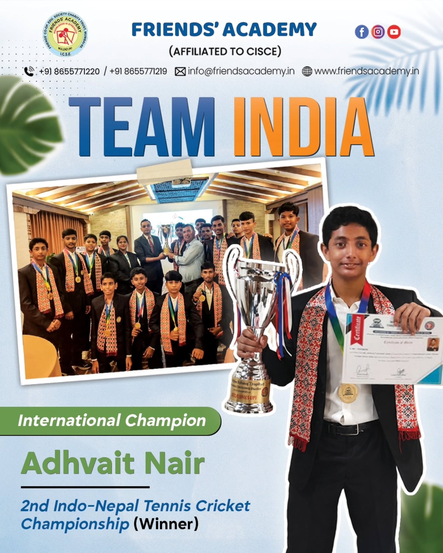 Adhvait Nair celebrating his Team India achievement